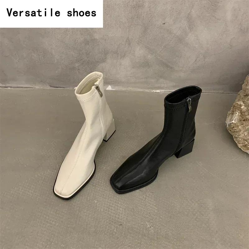 Women Ankle Boots Woman Square Heel Fashion Zipper Autumn Winter Women's Shoes Leather Girl's Short Booties