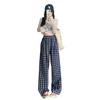 Women's Spring Summer Thin High Waisted Bubble Cotton Vintage Plaid Wide Leg Korean Style Straight Leg Casual Floor Length Strolling Pants