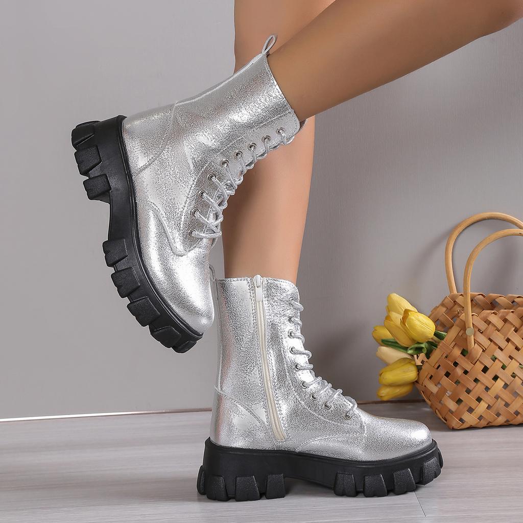 Fashion Winter Silver Crystal Thick Sole Ankle Boots Women's Thick Sole Motorcycle Boots Women's Luxury Rhinestone Punk Shoes Size 35-43