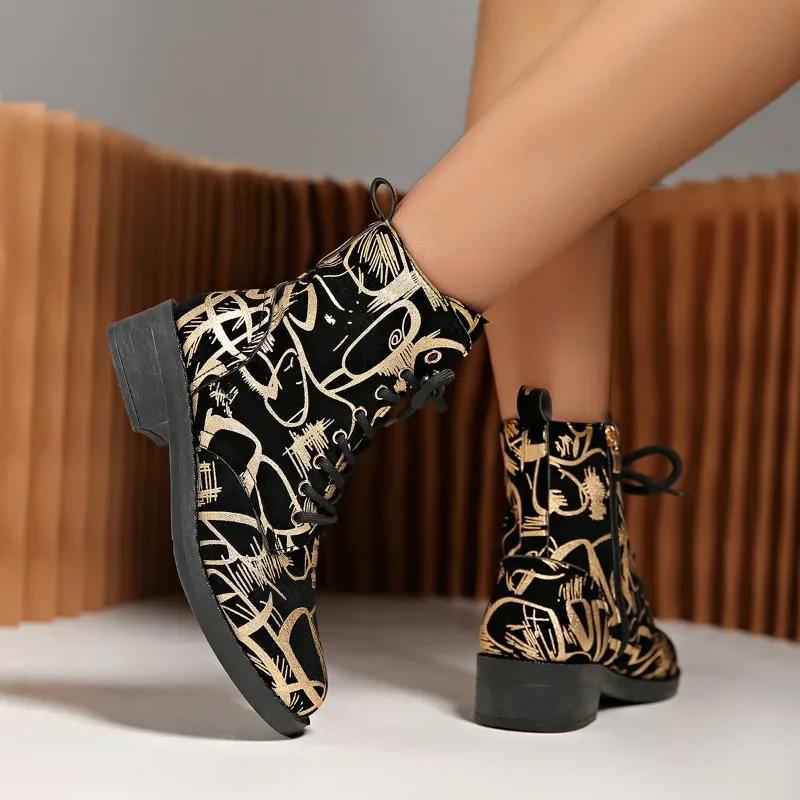 2024 Fashion Shoes for Women Lace Up Women's Boots Round Toe Mixed Colors Printing Short Barrel Low Heels Large Size Woman Boots