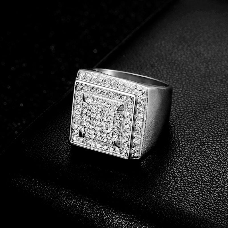 HIP Hop Bling Iced Out Gold Silver Color Stainless Steel Geometric Square Rings for Men Rapper Jewelry Size 7-13