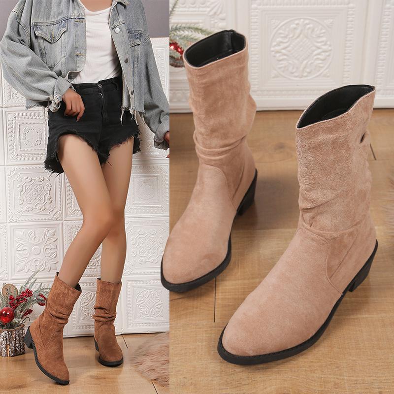 Большие размеры, женские зимние ботинки 2024 года, осень-зима, новые европейские и американские импортные ботинки с круглым носком и толстым каблуком, закрывающие среднюю часть стопы