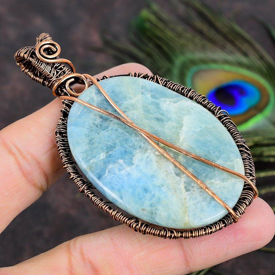 Aquamarine Handmade Copper Wire Wrap Jewelry Pendant 3.35 H9g17
