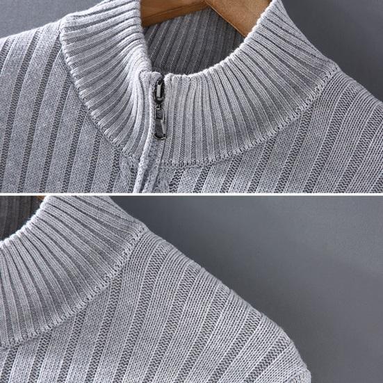 Fall Winter Men Coat Zipper Closure Knitted Cardigan Stand Collar Long Sleeves Solid