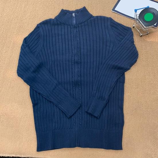 Fall Winter Men Coat Zipper Closure Knitted Cardigan Stand Collar Long Sleeves Solid