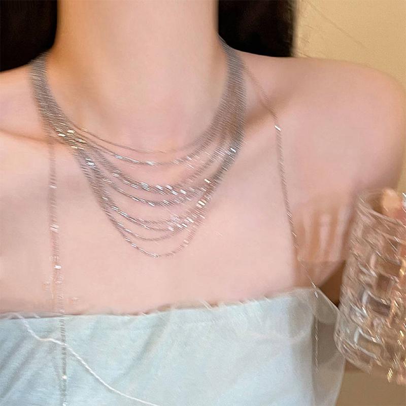 Multi Layered Tassel Necklace Light Luxury Silver Color Alloy Clavicle Chain For Women Trendy Jewelry Gift