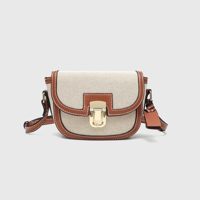 Retro Saddle Bag Canvas Leather Splicing Crossbody Metal Buckle Decoration Shoulder Hundred Niche Armpit Bag