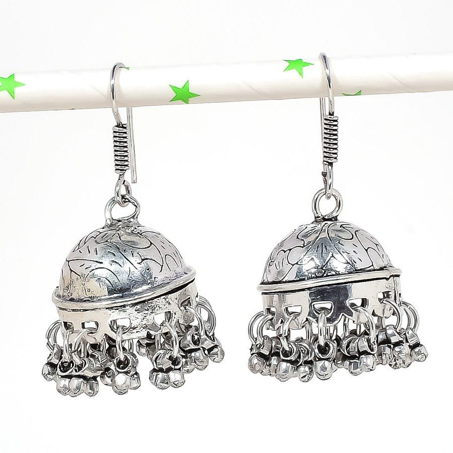 Natural Indian Look Jhumki Gemstone Silver Tribal Bali Earring 1.97" S3D37