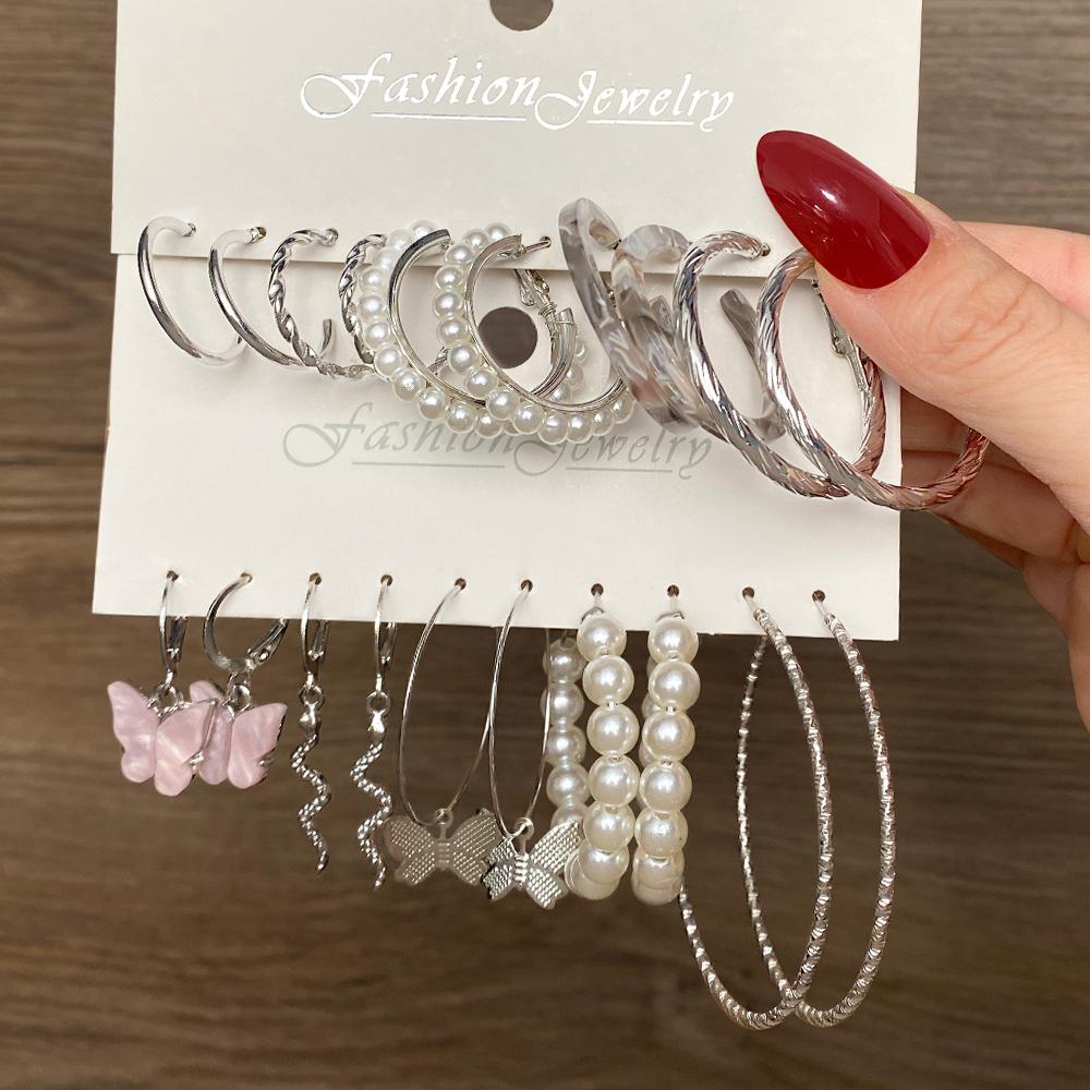 Retro Silver Color Hoop Earrings Set Butterfly Snake Drop Earrings Women Simple Elegant Jewelry Accessories