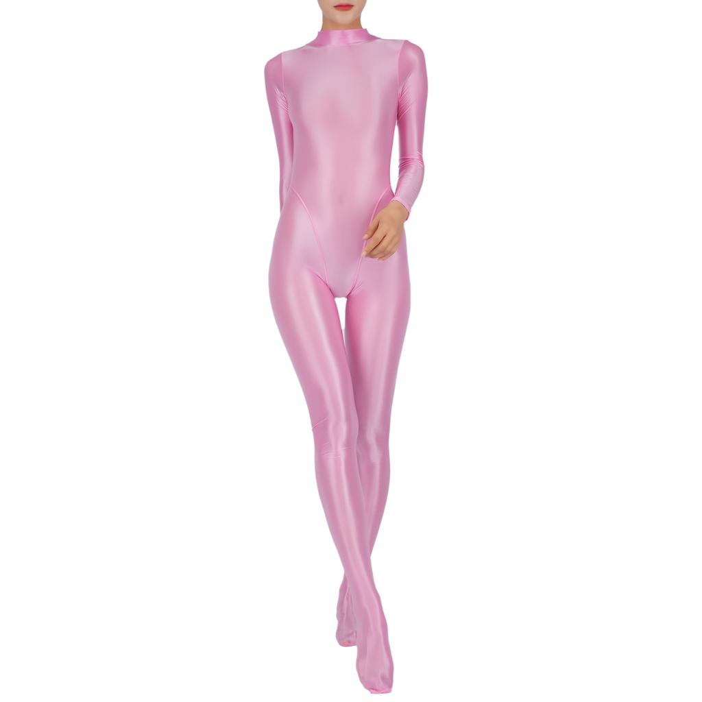 Women's Shiny Oil Glossy Body Stocking One Piece Smooth Stretchy Back Zipper Full Bodysuits