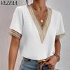 Women's Fashion Casual Summer Spring Solid Color Print Lace Short Sleeve V-Neck Blouses & Shirts