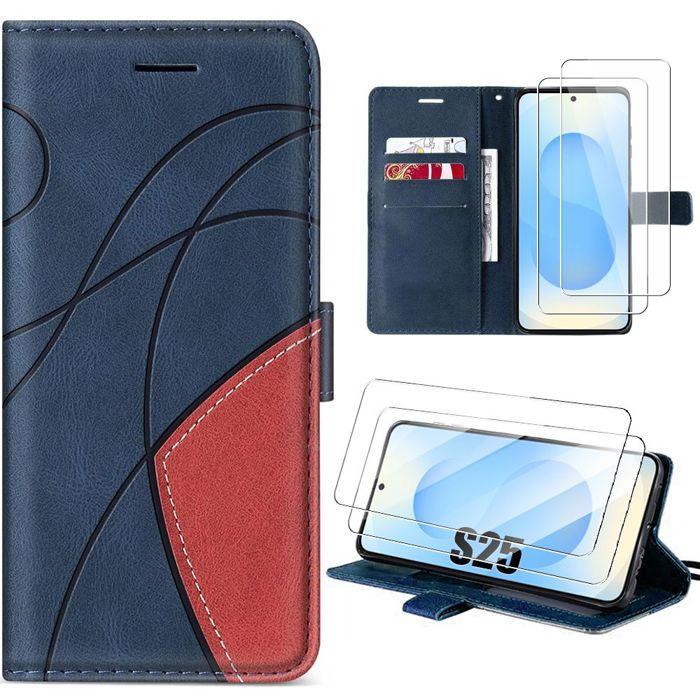 Protective Case - BOOLING - for Samsung Galaxy S25 - Two-Tone PU Leather - Shockproof - 2 Tempered Glass