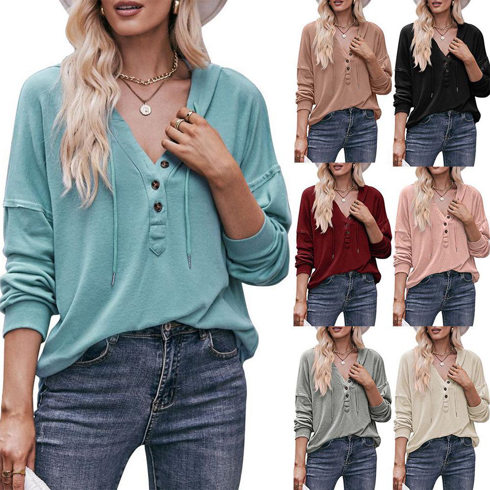 2024 New Autumn Winter Hooded Sweatshirts Women Fashion Buttons V-neck Long Sleeve Pullovers Ladies Casual Loose Hoodies