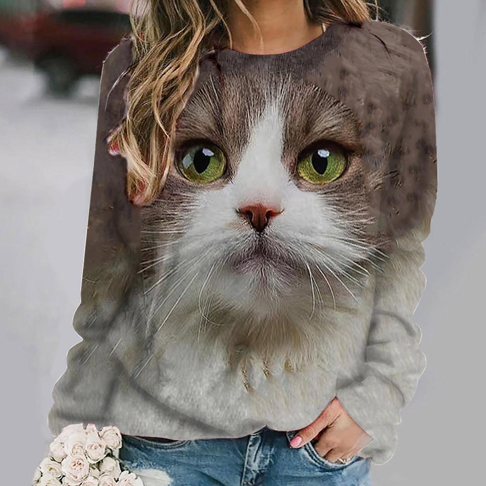 Women's Cat Big Head Cute Print Long Sleeve T-shirt Casual Loose Pullover Female Streetwear Cute Tops Fashion Trend
