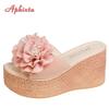 Fashion Aphixta 3.54 Inch Wedge Heel Women's Slides Cotton Fabrics Appliques Shoes Slippers Flip Flops Platform Beach Plus Size 42 43