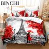 France Eiffel Tower Duvet Cover Romantic Couple Comforter Cover Microfiber France Paris Cityscape Bedding Set For Adults Decor