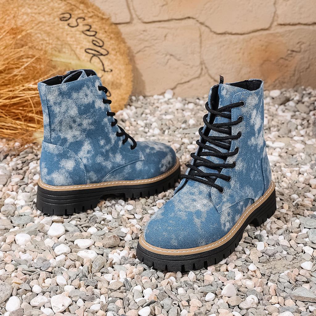 Fashion Thick Bottom Denim Ankle Boots Women 2025 Autumn Fashion Tie-Dye Side Zip Western Cowboy Boots Woman's Platform Shoes Plus Size