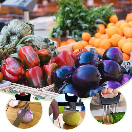 1 Set Onion Cutter Stainless Steel Potato Tomato Slicing Holder Non-Slip Grip Vegetable Lemon Slicer Chopper for Kitchen
