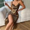 European and American Summer Women's Thin Ice Silk Fashionable and Sexy Leopard Print Backless Slit Suspender Dress