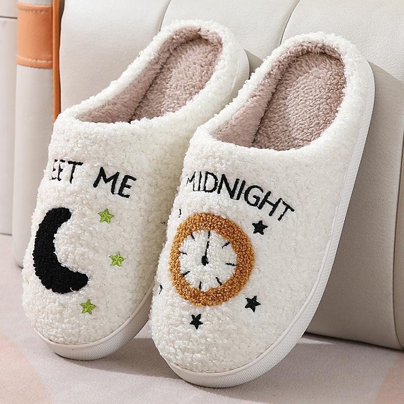Fashion Moon Clock Warm Indoor Cotton Slippers  New Winter Cotton Slippers Home Anti Slip Plush Floor Cotton Shoes Chanclas Mujer