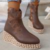 2024 New Autumn Brand New Fashion Embroidery Mid Calf Boots for Women Wedge Platform Retro Ethnic Style High Heels Knight Boots