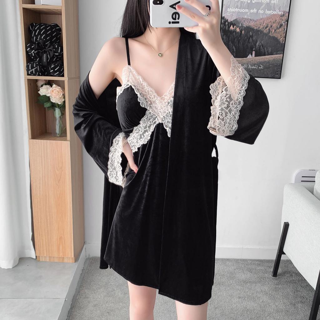 New Autumn Velvet 3PCS Pajamas Set Sleepwear Sexy Lace Trim Bath Robe Nightgown Loose Casual Velour Home Clothes Loungewear