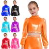 Girls Jazz Dance Top Mock Neck Long Sleeves with Invisible Zipper Back Shiny Rhinestones Metallic Dancewear