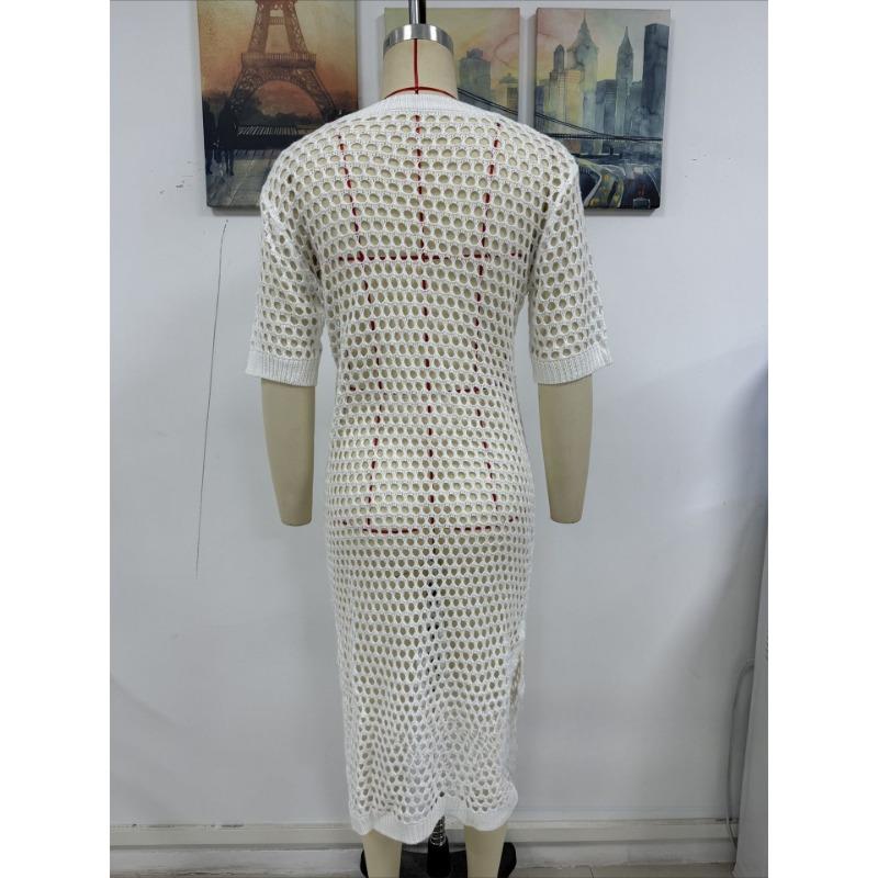 Women's Summer New Seaside Holiday Fashion Solid Color Short Sleeve Knitted Long Dress