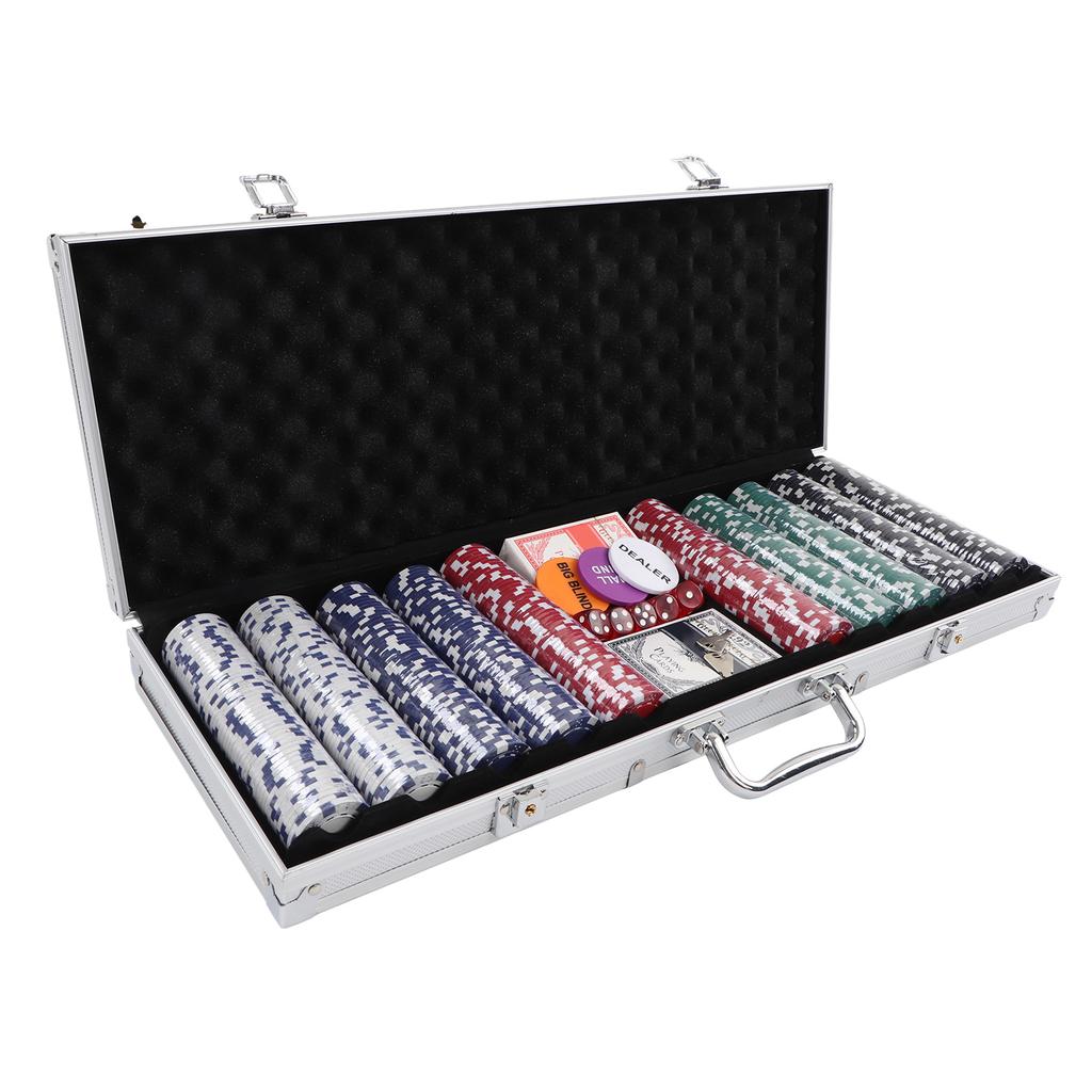 500Pcs Poker Chips 2 Set Play Cards 5 Dices Set with Carrying Case for Home Travel Camping Picnic