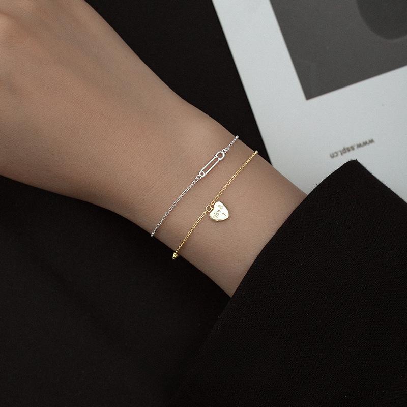 S925 Sterling Silver Gold-plated Simple Heart-shaped Bracelet with Versatile Temperament English Love Pin Extremely Fine Hand Jewelry