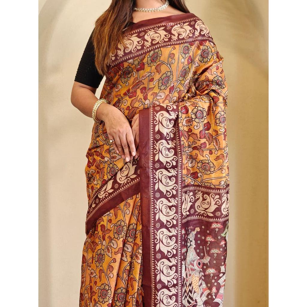 Soft Cotton  Chanderi Sarees with Kalamkari Digital Print Pattern Tassels Over the Saree.