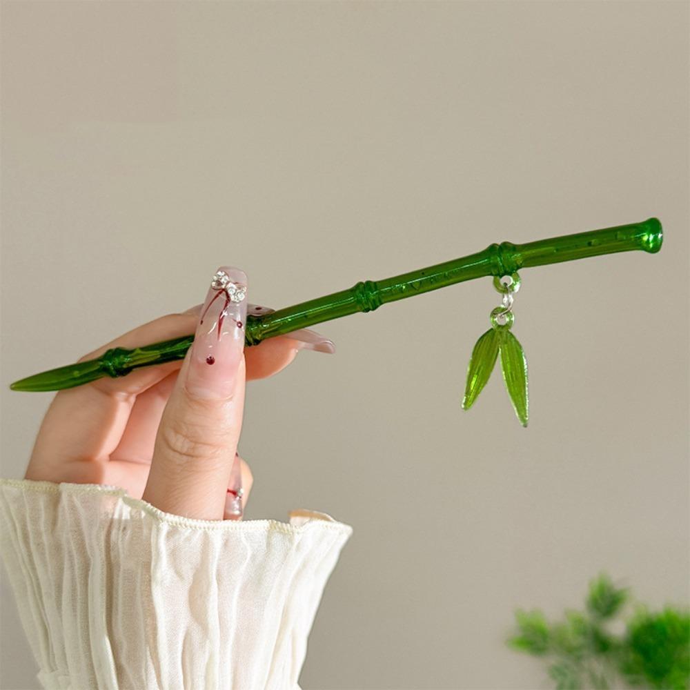 Green Hair Stick Bamboo Leaf Barrette Simple Chopstick Hairpin for Women
