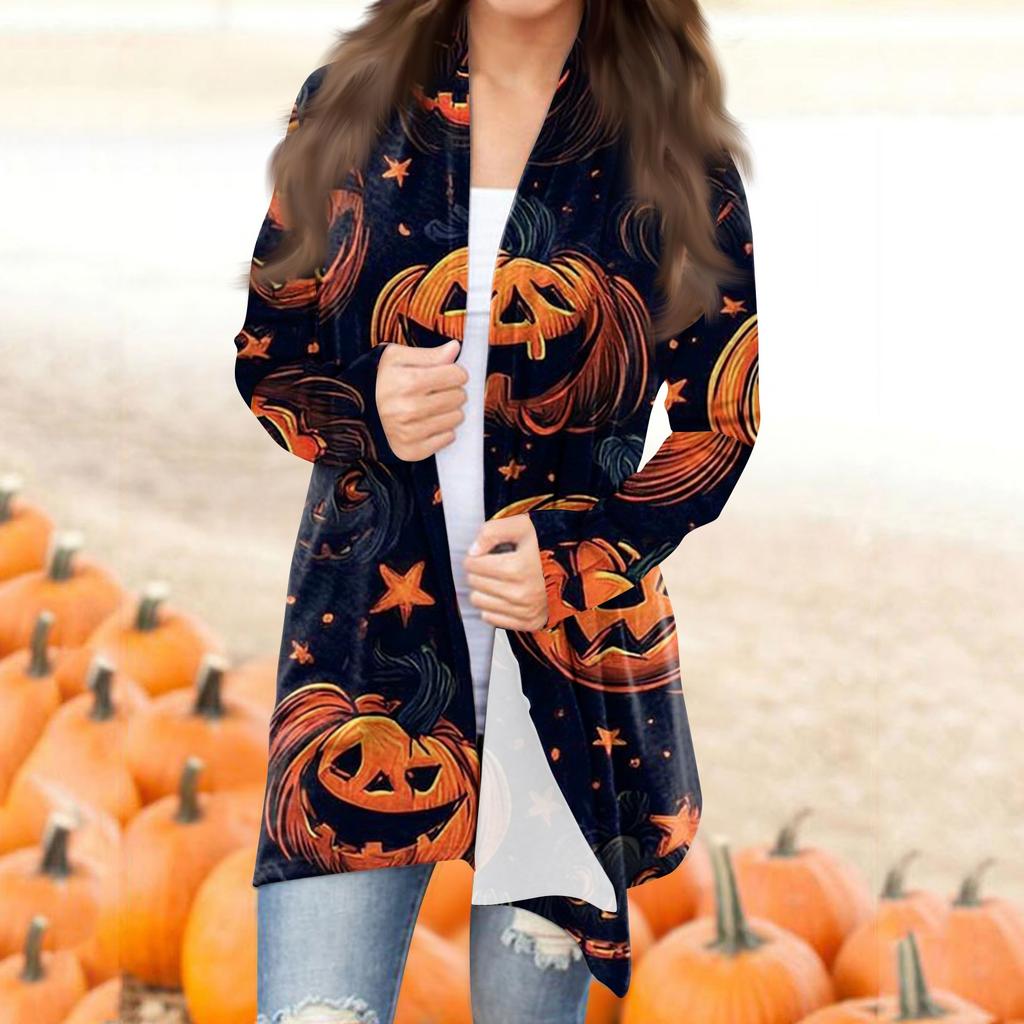 Women's Fashion Casual Halloween Printed Mid-Length Irregular Hem Cardigan Jacket