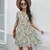 Summer Floral Print Chiffon Dress Women V Neck Short Sleeve Spring Casual