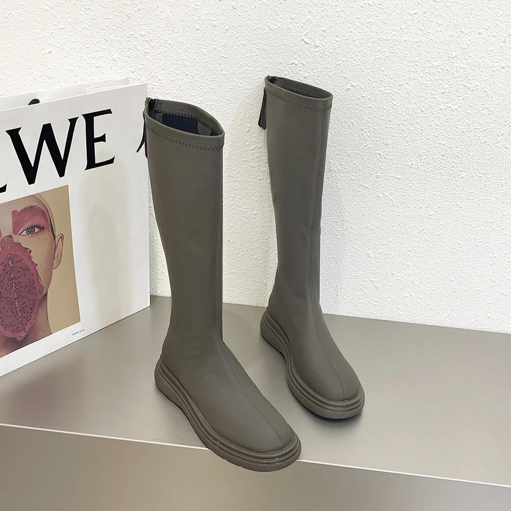 Winter Cotton Women's High Boots Fashion Soft Leather Back Zippers Long Botas Ladies Comfort Short Plush Knee High Booties