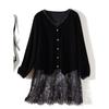 French Style Foreign Trade Order Soft Shirts! Women Eyelash Lace Stitching Fake Two Pieces V-neck Real Velvet Long Coat Autumn and Winter