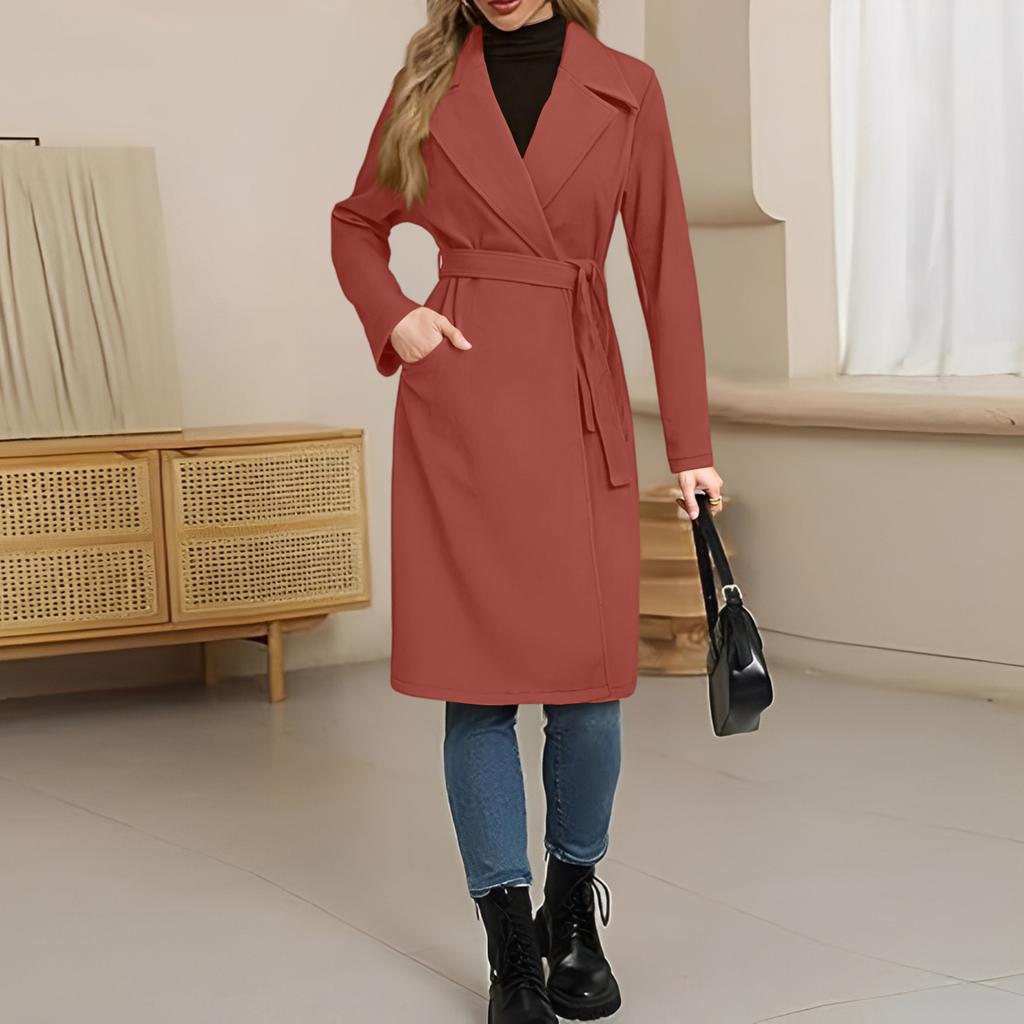 Women's Casual Fashion Solid Color Long-sleeved V-neck Tie Long Woolen Coat