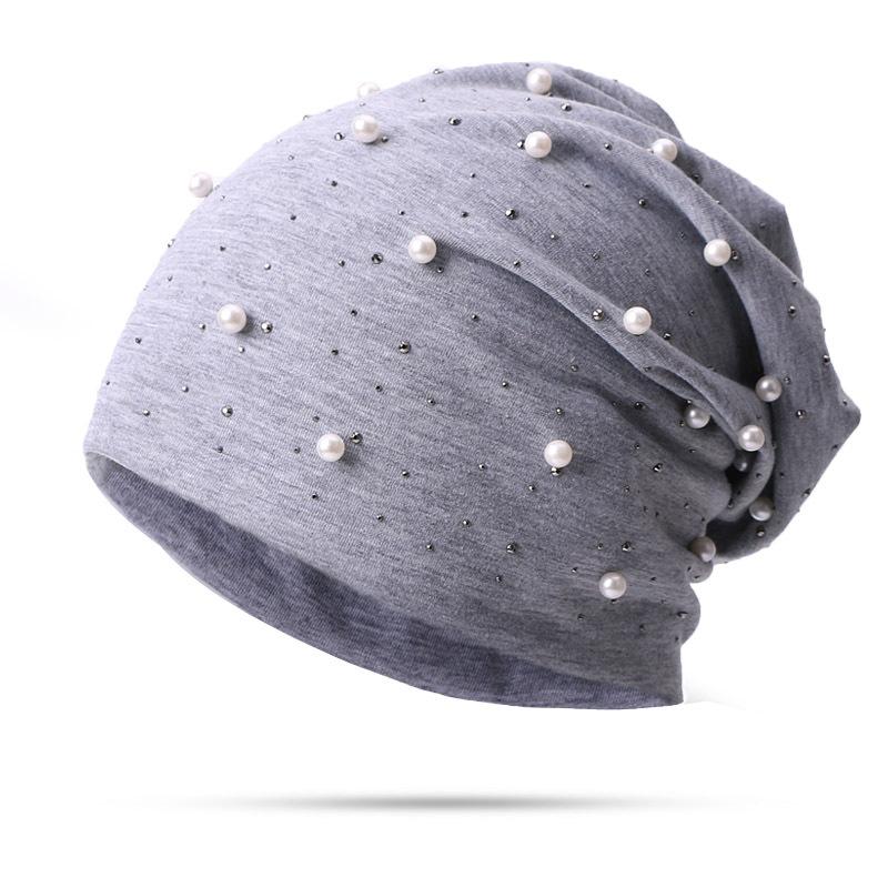Pearl Rhinestones Women Beanie Hats Autumn Winter Warm Soft Cotton Skullies Caps Casual Outside Turban Female Ladies Hearwear