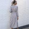 Autumn Medium and Long French Print V-neck Long-sleeved Hem Split Dress Women