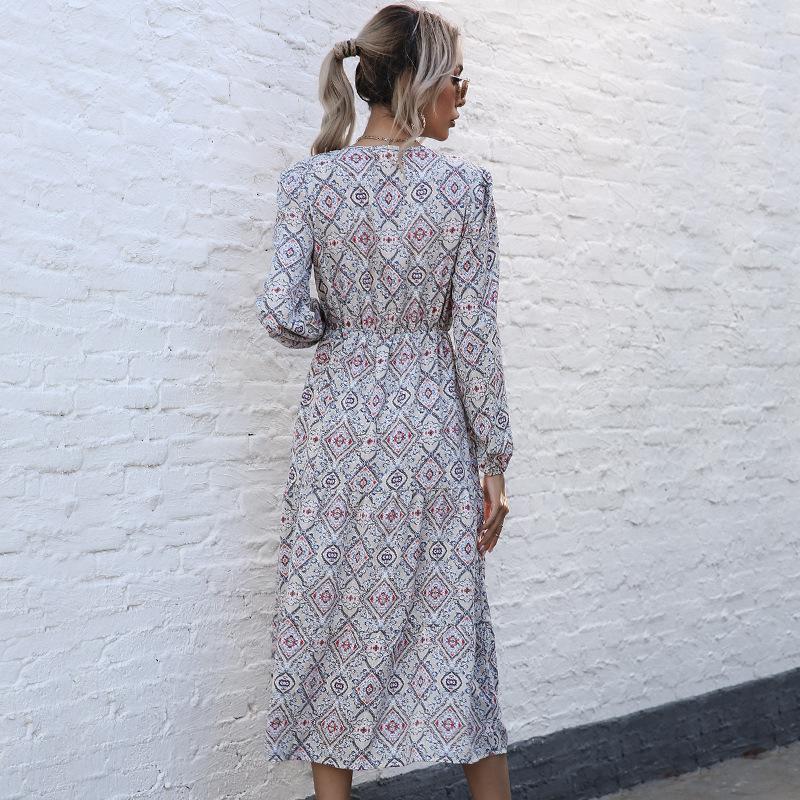 Autumn Medium and Long French Print V-neck Long-sleeved Hem Split Dress Women