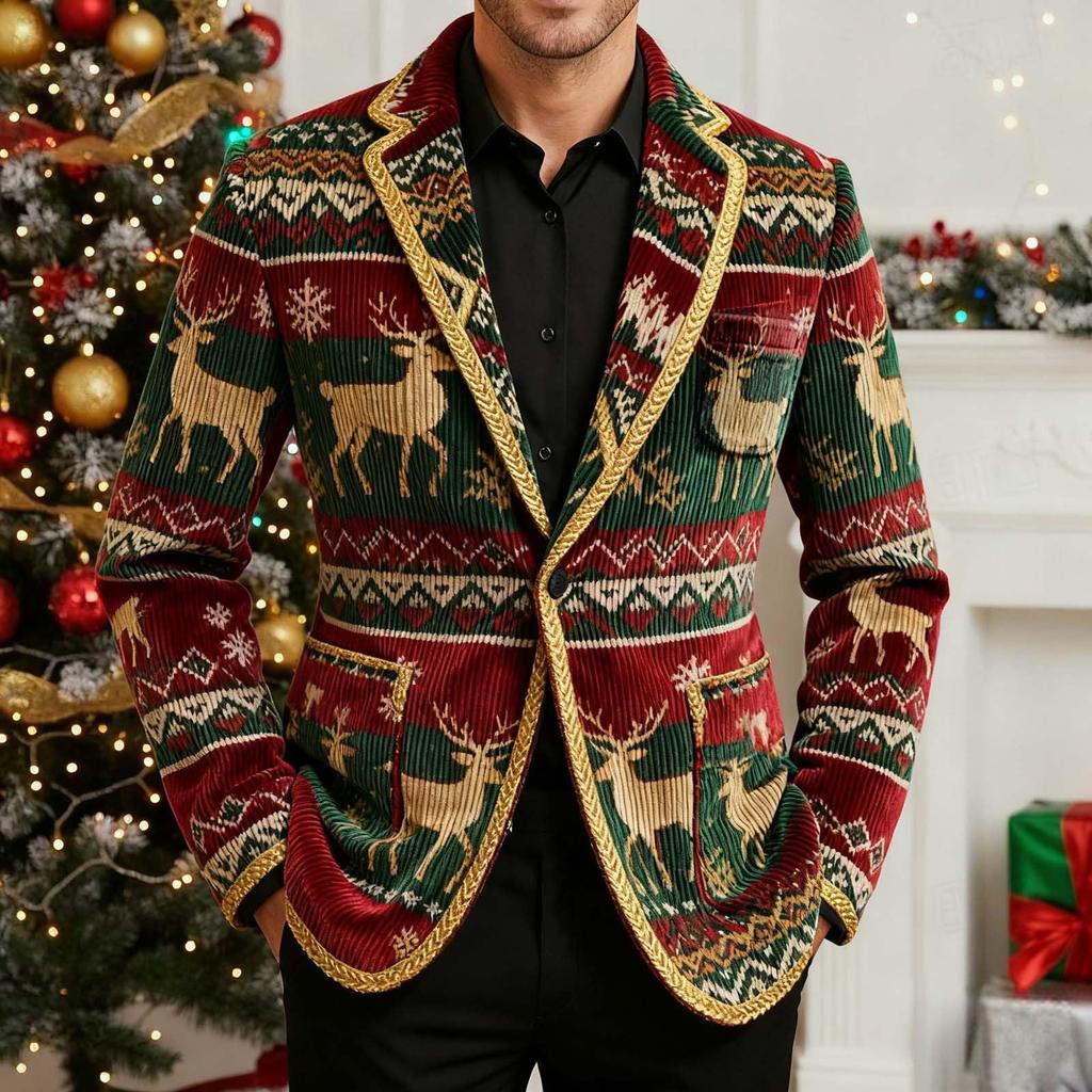 Men's Printing Corduroy Warm Pocket Suit Jacket Cardigan Men's Casual Suit