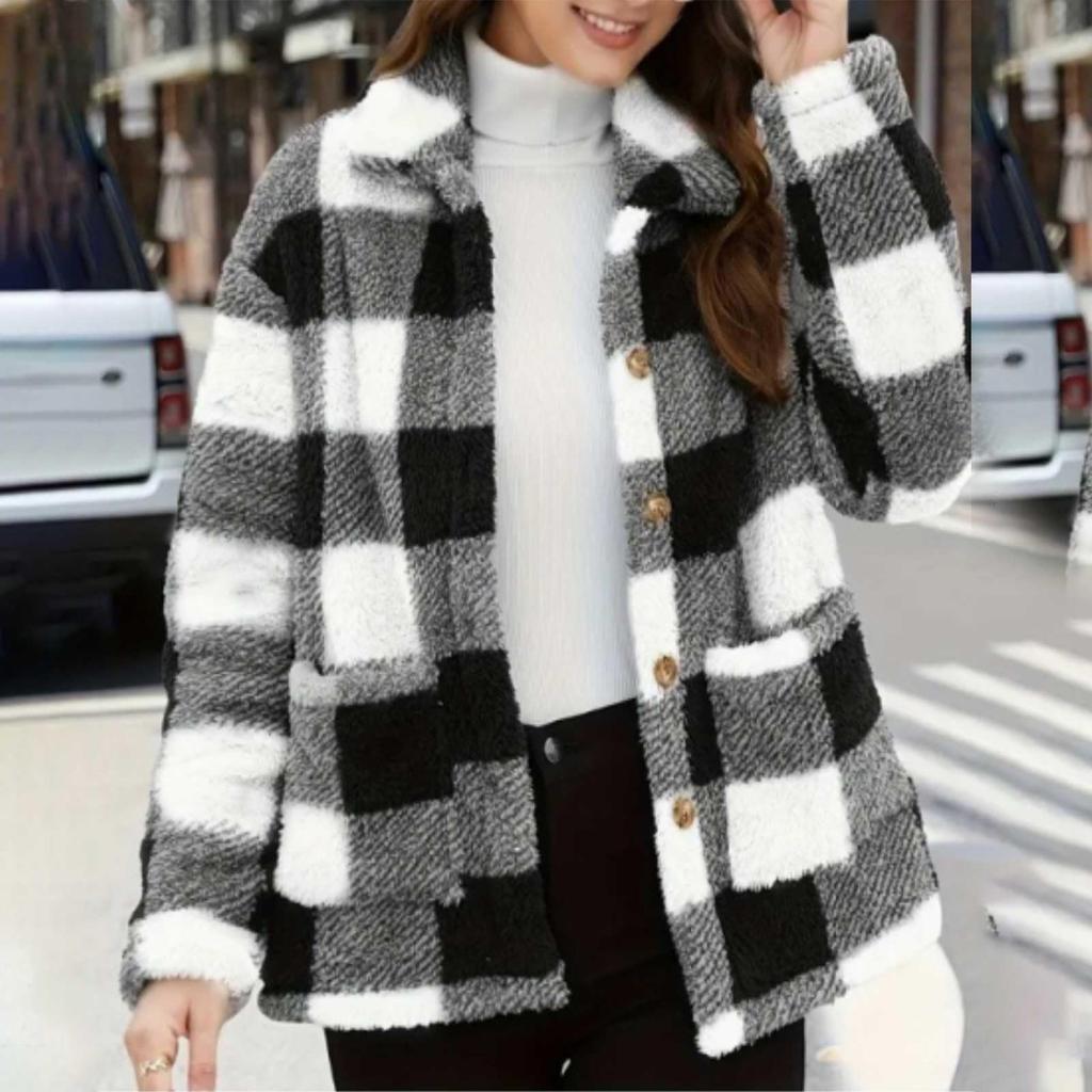 Women's Fashion Casual Long Sleeve Plaid Button With Pocket Jacket