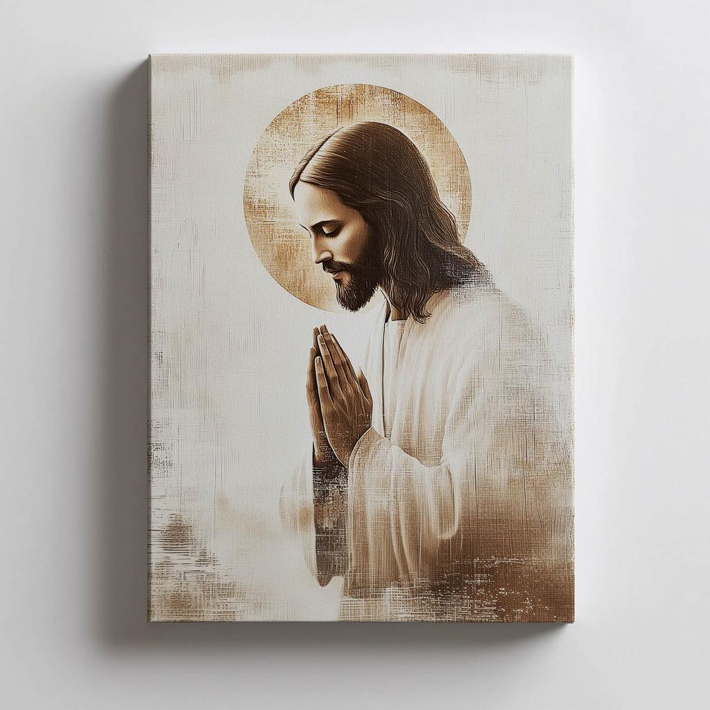 Jezus W Modlitwie - Złota Aureola Jezus W Modlitwie - Złota Aureola, 40X50 Cm, Rama Aluminiowa Złota, Papier Matowy 230 Gsm