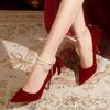 Red Xiuhe Wedding Shoes Thin Heels Pointed High Heels Women's New Single Shoes Bow Pearl Straps Two Wear Bridal Shoes