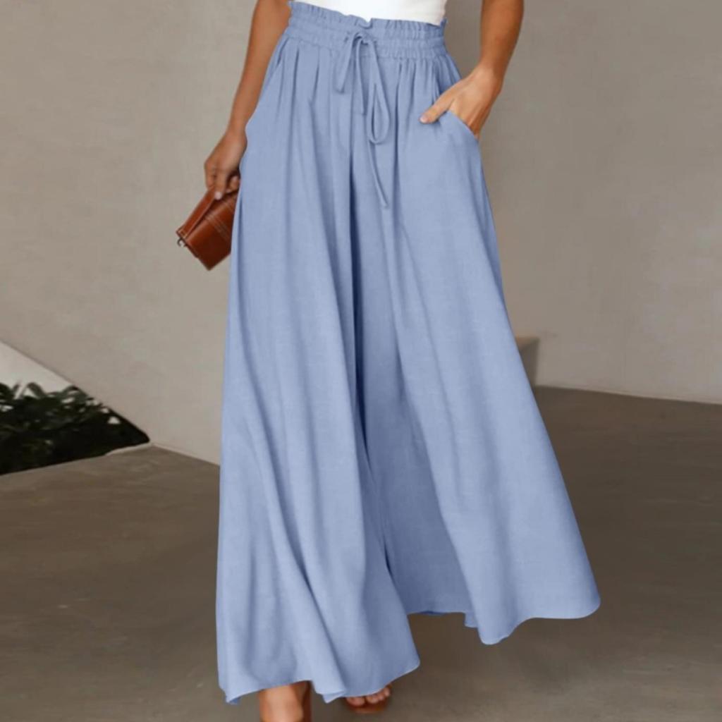 Women's Solid Color Trousers Elastic Belt Wide Leg High Waist Long Culottes