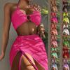 Women's Solid Color Swimsuit Women's Split Thin Strap High Waist Swimsuit Cover-up Four-Piece Set
