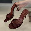 Liyke Wine Red Patent Leather Women Slippers Sandals Fashion Round Open Toe Thin High Heels Mules Slides Summer Party Dress Shoe