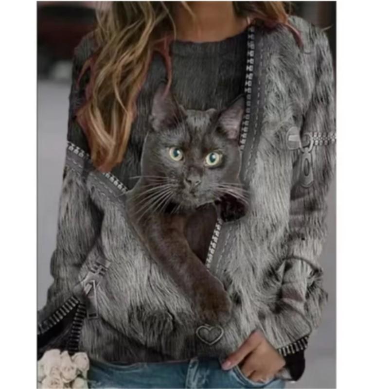 Kawaii Cat Women's Pullovers 3D Print Casual Long Sleeve Tees Oversized Harajuku Thin Hoodies Clothing Daily Tops