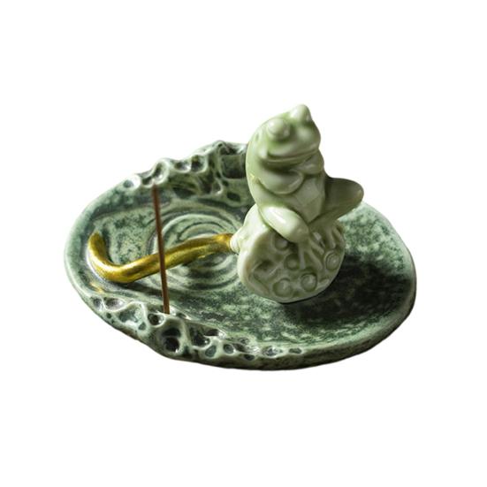 Meditation Frog Incense Stick Holder Ceramics Lotus Leaf Sitting Frog Incense Burner Home Office Desktop Decoration Ornament