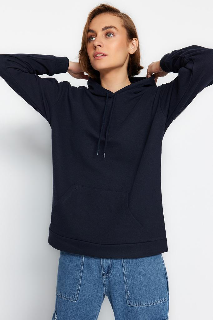 Women's Fashion Sweatshirt Hooded Long Emerald Green Regular Fit Embroidered Hooded Knitted Sweatshirt with Fleece Inside